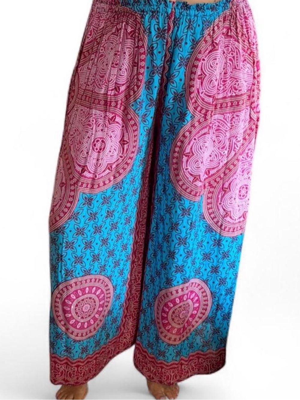 Handmade Bohemian Wide-Leg Print Pants in Blue and Pink